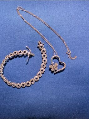 Elegant 925 Open Heart & Clover Diamond Necklace with Matching Bracelet